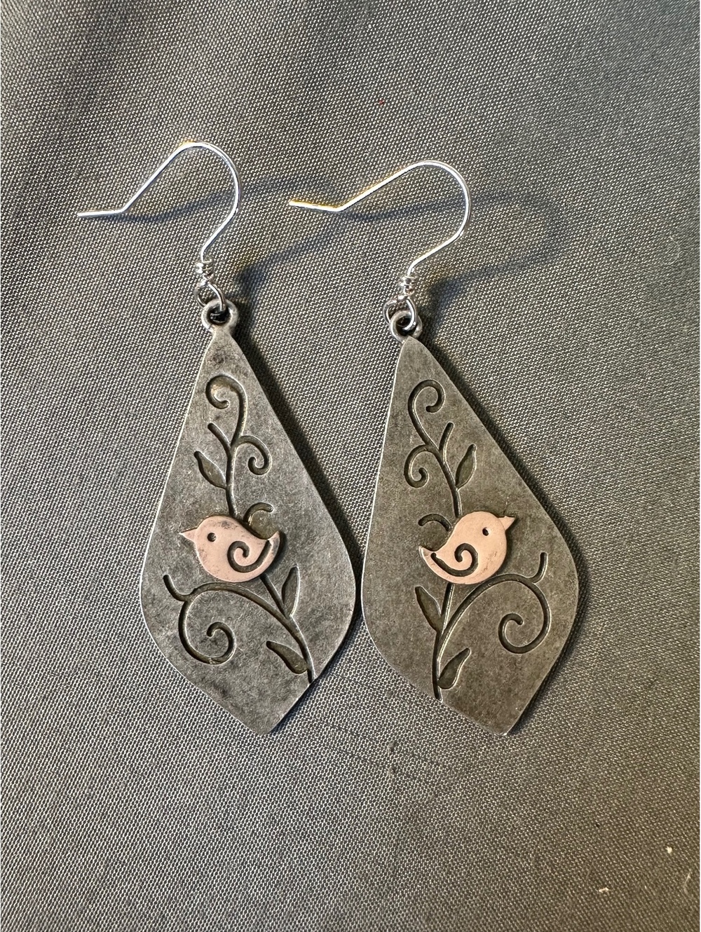 Silver and Baby Pink Bird On Plant Distressed Earrings